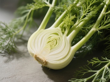 新鲜茴香根与绿叶特写