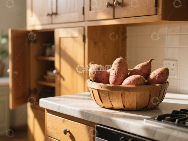 高清大图下载【趣麦麦图】厨房台面上的红薯篮
