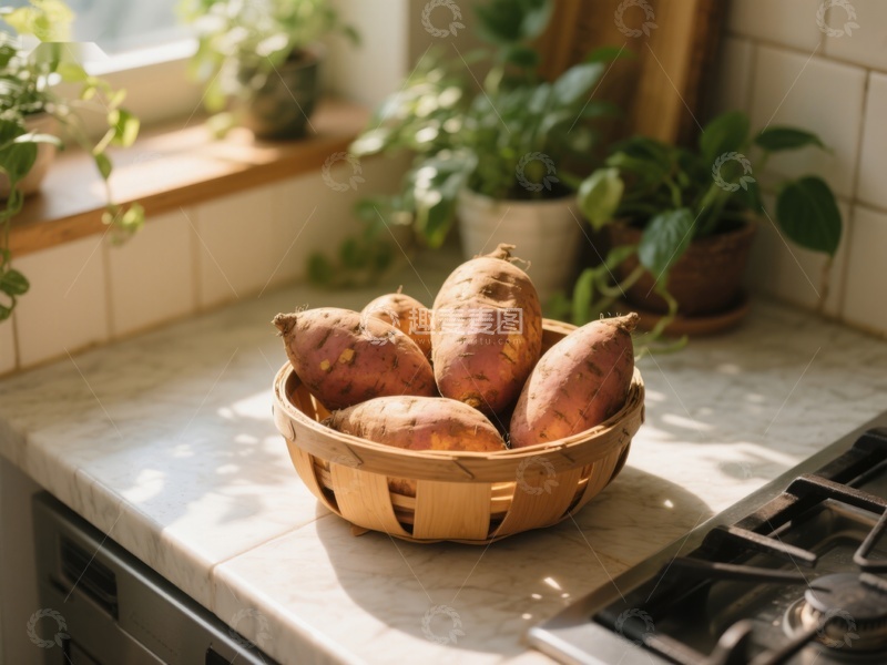 高清大图下载【趣麦麦图】厨房窗台上的红薯与绿植