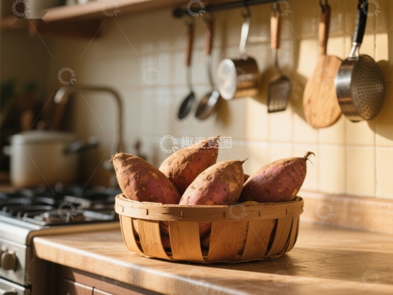 高清大图下载【趣麦麦图】厨房台面上的红薯篮