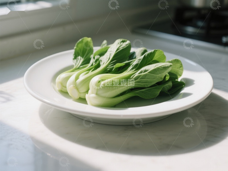 高清大图下载【趣麦麦图】新鲜青菜置于白色盘中