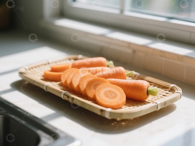 高清大图下载【趣麦麦图】切片胡萝卜置于竹盘，窗边阳光照射