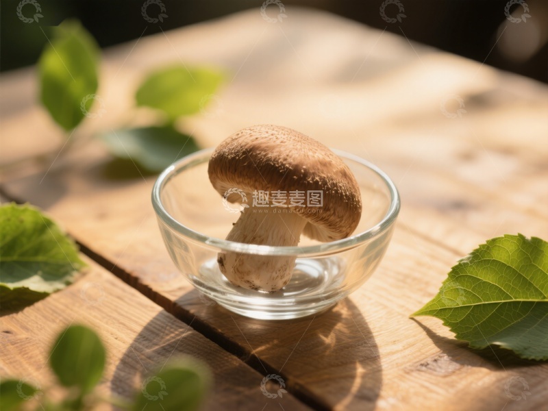 高清大图下载【趣麦麦图】玻璃碗中的蘑菇与绿叶
