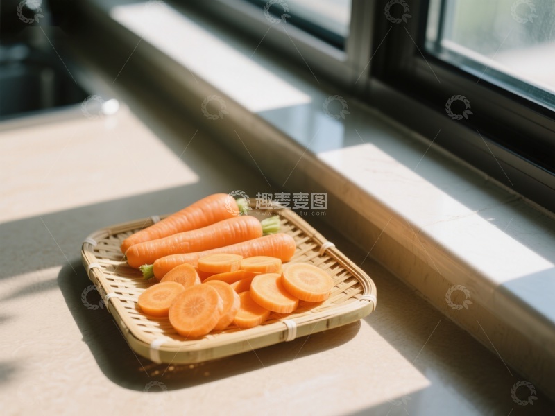 高清大图下载【趣麦麦图】窗边竹盘上的胡萝卜