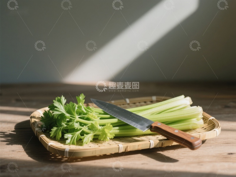 高清大图下载【趣麦麦图】芹菜与刀置于竹盘上