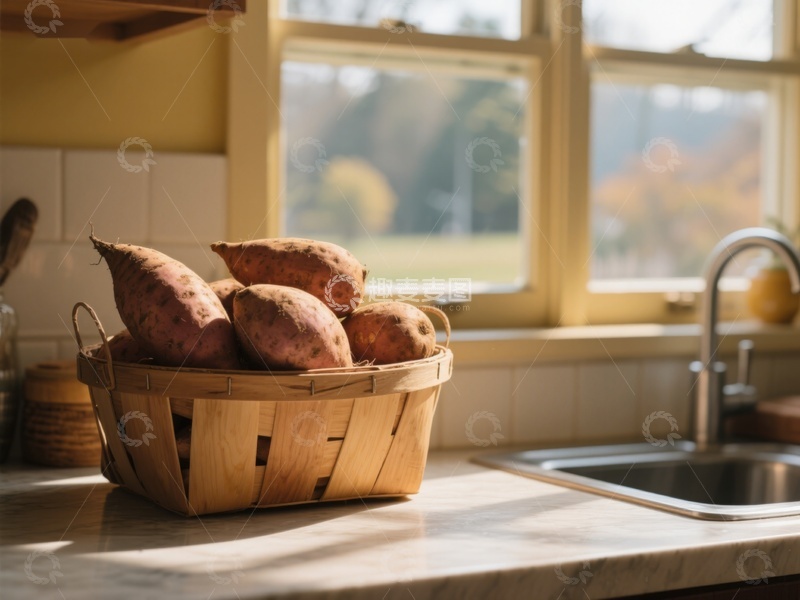 高清大图下载【趣麦麦图】窗边厨房台面上的红薯篮