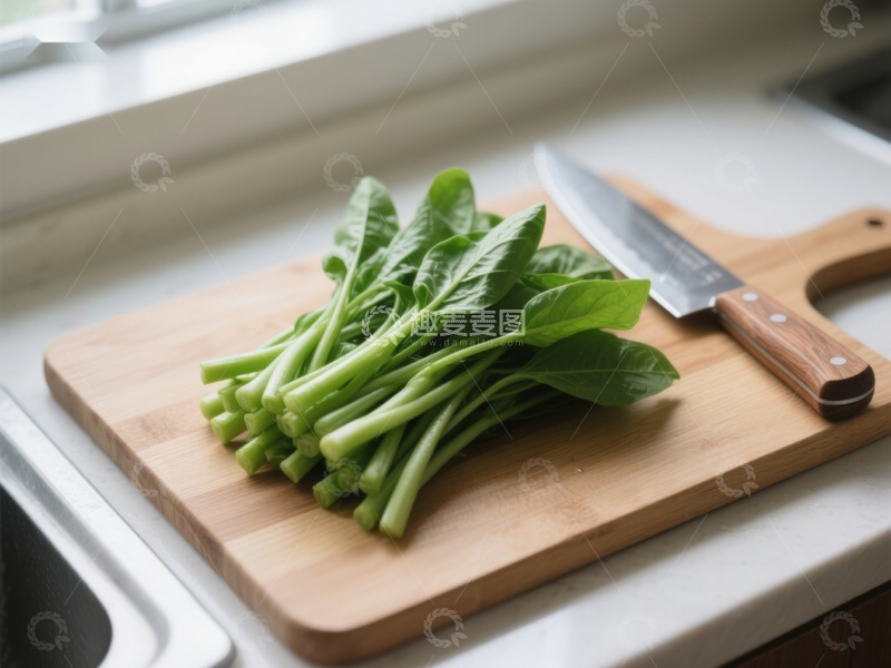 高清大图下载【趣麦麦图】新鲜菠菜置于木质砧板上