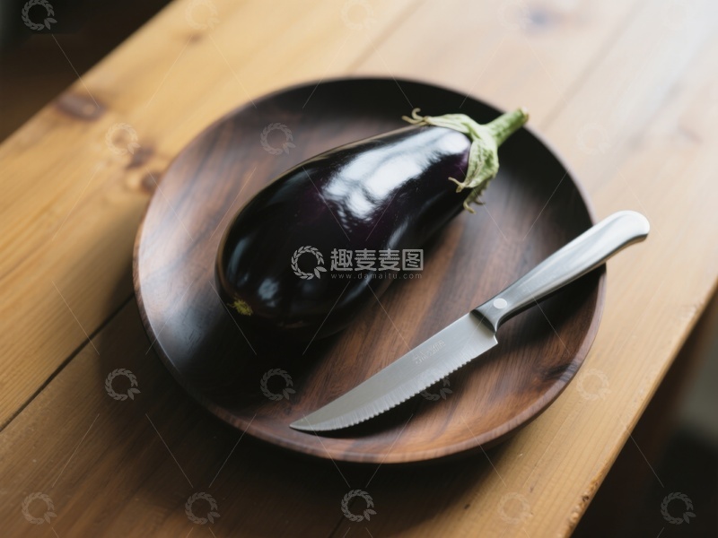高清大图下载【趣麦麦图】木盘上的茄子与刀具