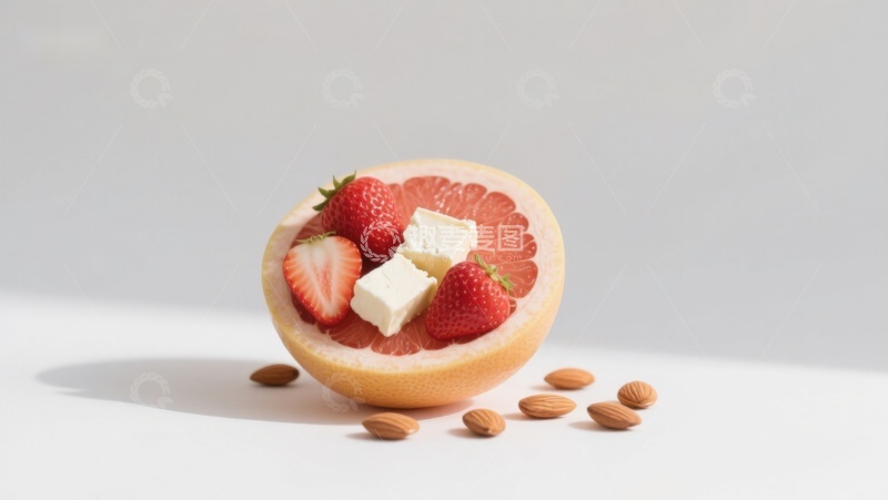 高清大图下载【趣麦麦图】创意水果拼盘：葡萄柚草莓奶酪组合