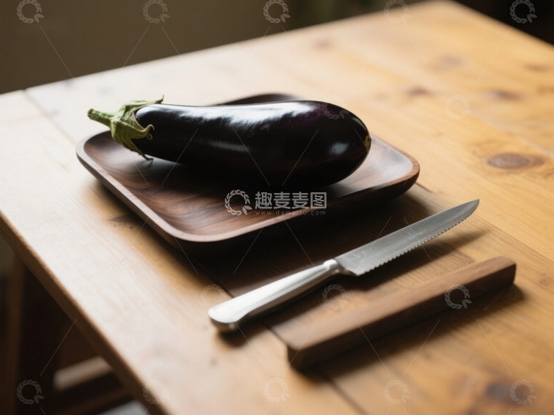 高清大图下载【趣麦麦图】茄子置于木质托盘旁配刀具