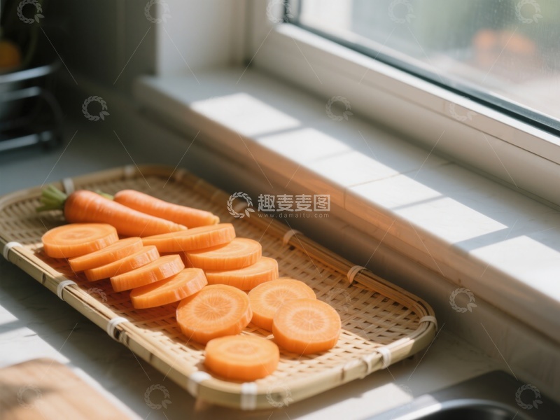 高清大图下载【趣麦麦图】窗边竹篮中的切片胡萝卜