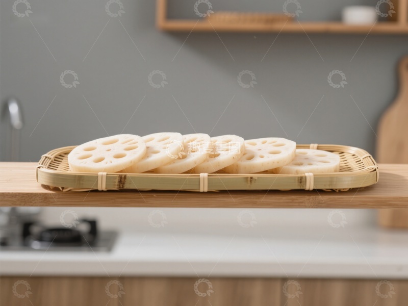 高清大图下载【趣麦麦图】莲藕片置于竹篮中，厨房背景