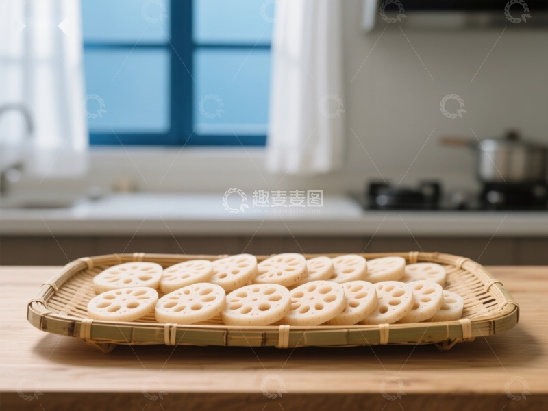 高清大图下载【趣麦麦图】莲藕切片置于竹制托盘