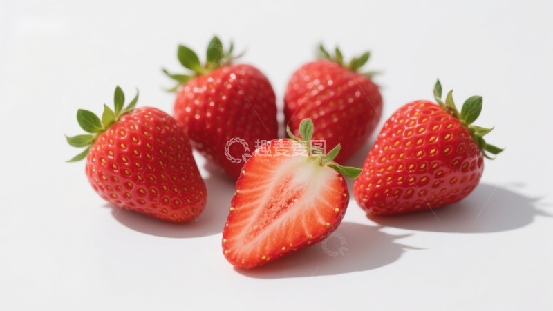 高清大图下载【趣麦麦图】新鲜草莓特写，一颗切半展示