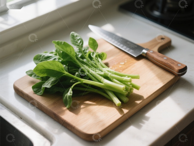 高清大图下载【趣麦麦图】新鲜菠菜置于木质砧板上