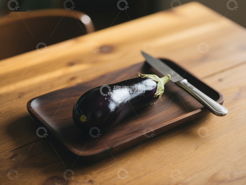 高清大图下载【趣麦麦图】茄子与刀置于木质托盘上