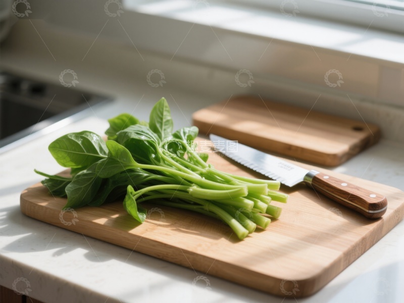 高清大图下载【趣麦麦图】-新鲜绿叶蔬菜与木制砧板