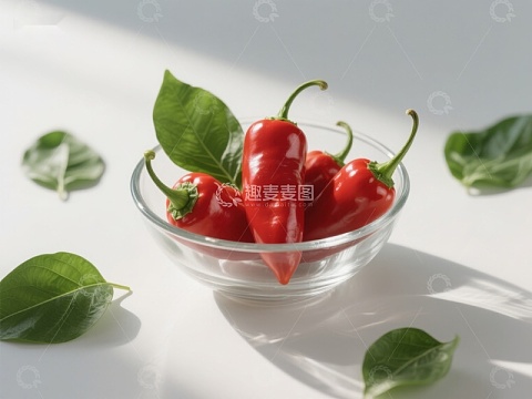 透明碗中的红辣椒与绿叶