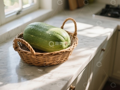 厨房台面上的篮子装着绿色蔬菜