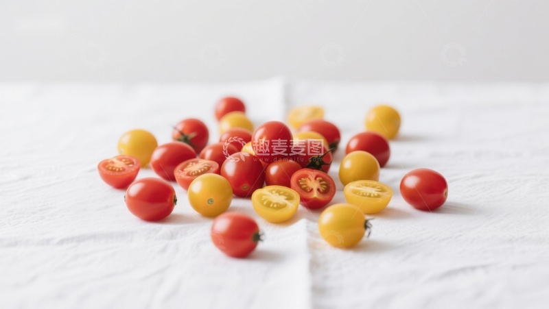 高清大图下载【趣麦麦图】色彩斑斓的樱桃番茄散落于白色布面