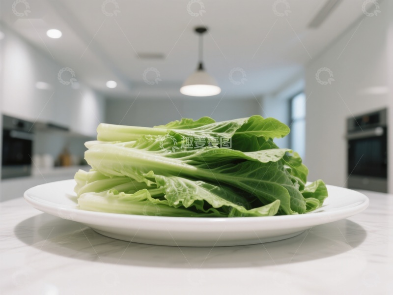 高清大图下载【趣麦麦图】新鲜生菜置于现代厨房的白色盘中