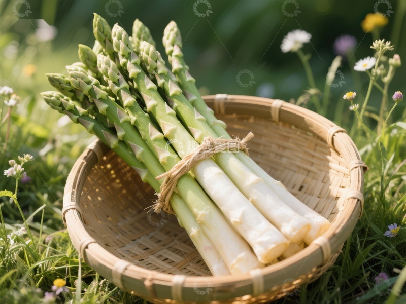 高清大图下载【趣麦麦图】新鲜芦笋置于竹篮中