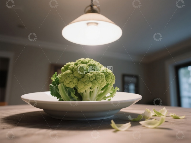 高清大图下载【趣麦麦图】盘中新鲜西兰花，灯光下静谧厨房一角