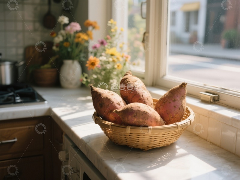 高清大图下载【趣麦麦图】窗边篮子里的红薯与鲜花