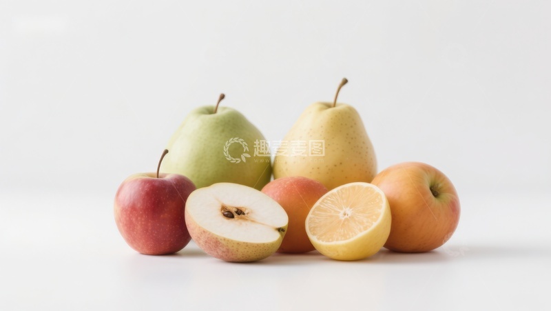 高清大图下载【趣麦麦图】新鲜水果组合：苹果、梨与柠檬