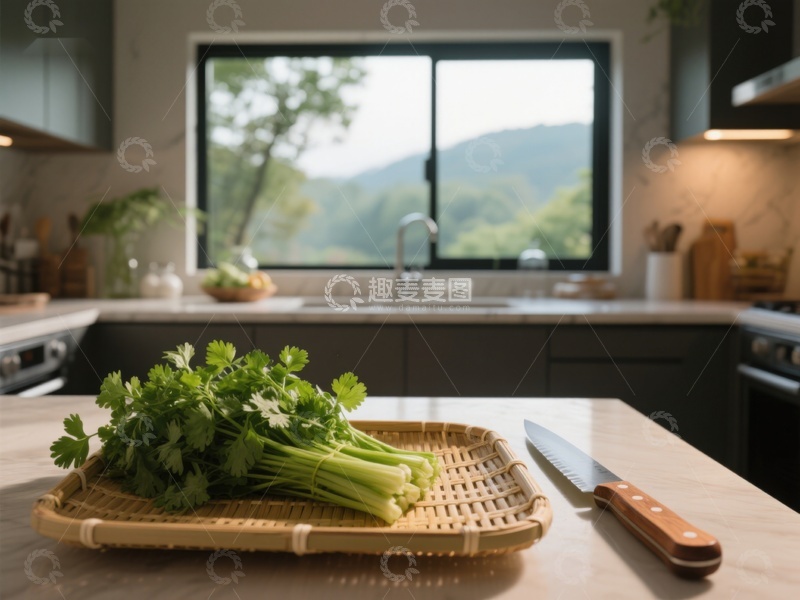 高清大图下载【趣麦麦图】厨房窗边的香菜与刀具
