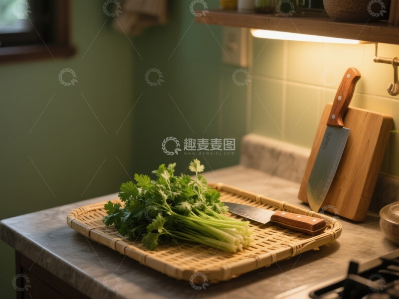 高清大图下载【趣麦麦图】厨房台面上的香菜与刀具