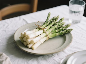 盘中新鲜芦笋与白芦笋