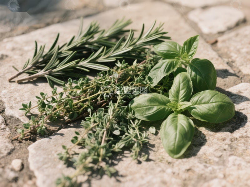 高清大图下载【趣麦麦图】新鲜香草铺展石板之上