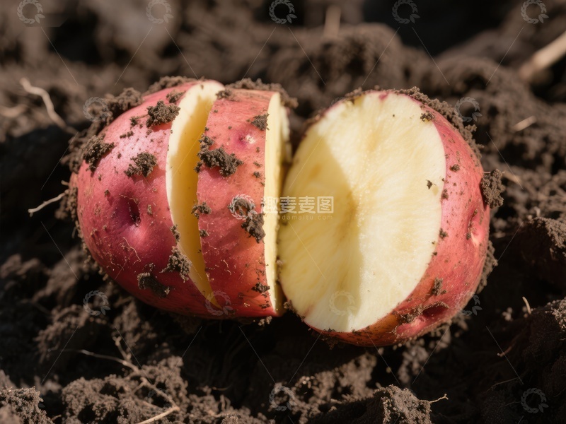 高清大图下载【趣麦麦图】土壤中的切开红皮土豆