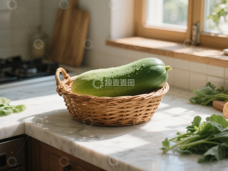 高清大图下载【趣麦麦图】厨房台面上的篮子装着绿色蔬菜