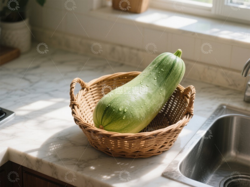高清大图下载【趣麦麦图】厨房台面上的篮子装着绿色蔬菜