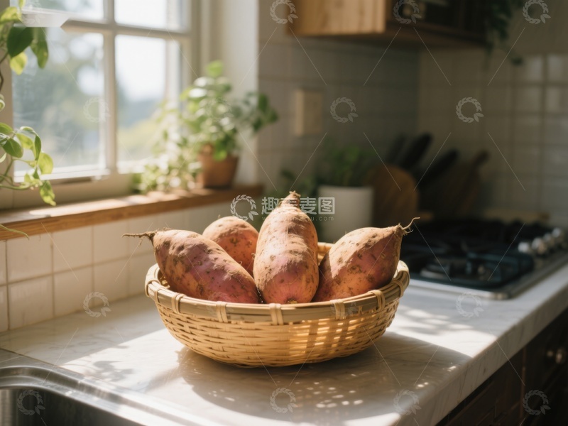 高清大图下载【趣麦麦图】厨房窗边的红薯篮