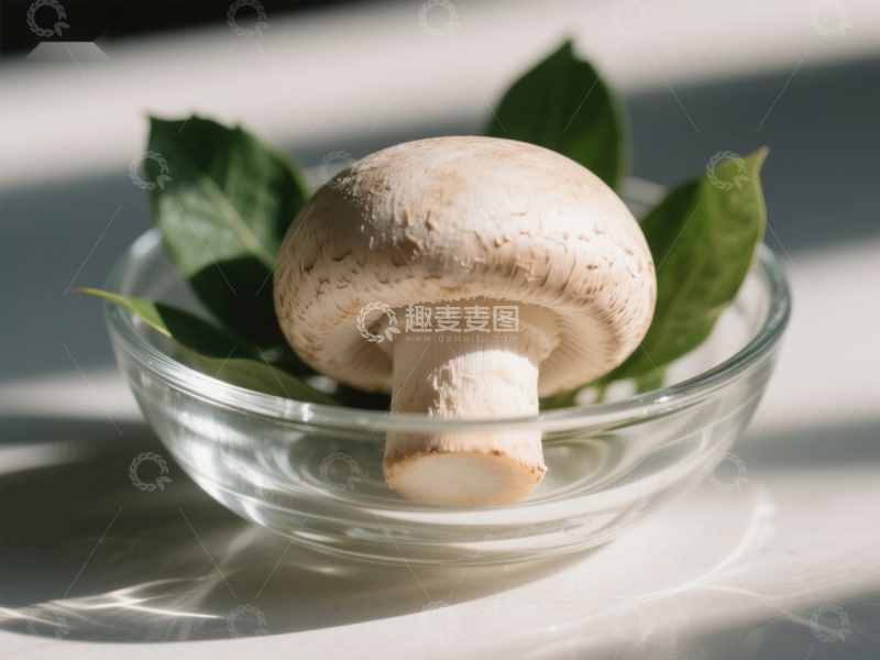 高清大图下载【趣麦麦图】玻璃碗中的蘑菇与绿叶