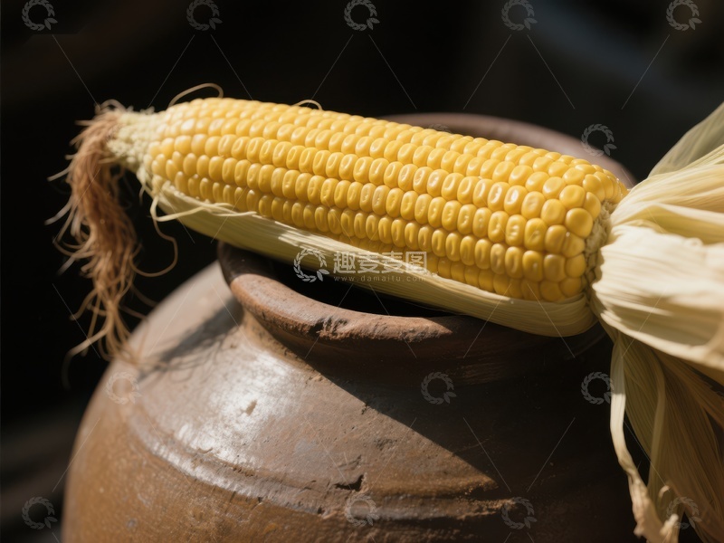 高清大图下载【趣麦麦图】新鲜玉米置于陶罐之上