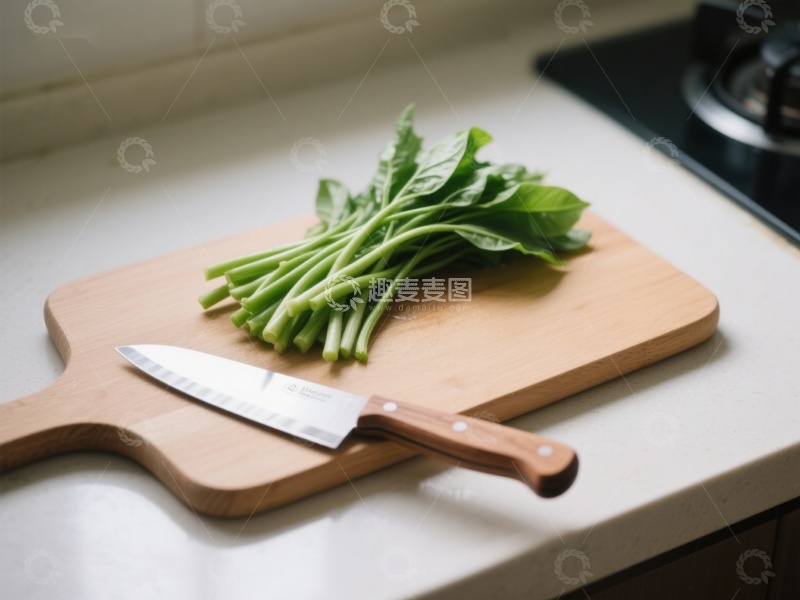 高清大图下载【趣麦麦图】砧板上的新鲜菠菜与刀具