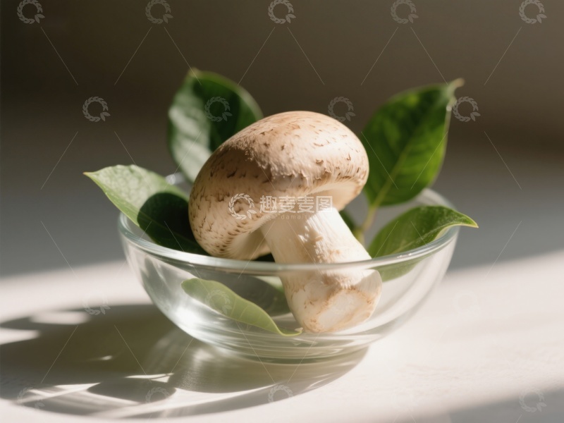 高清大图下载【趣麦麦图】玻璃碗中的蘑菇与绿叶