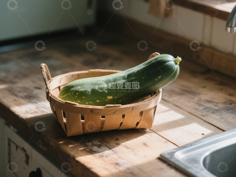 高清大图下载【趣麦麦图】厨房台面上的篮子装着一根青瓜
