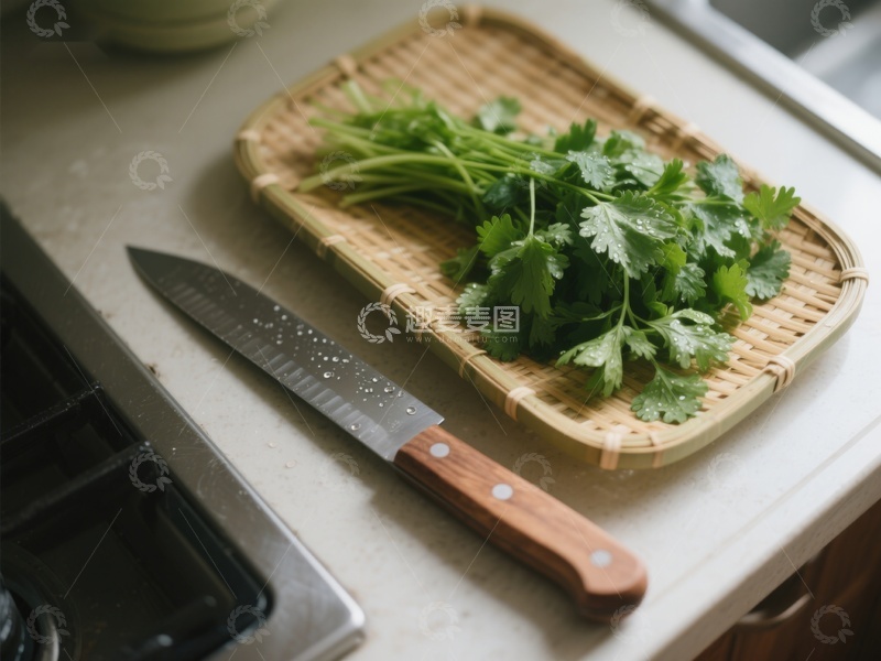 高清大图下载【趣麦麦图】厨房砧板上的香菜与刀具