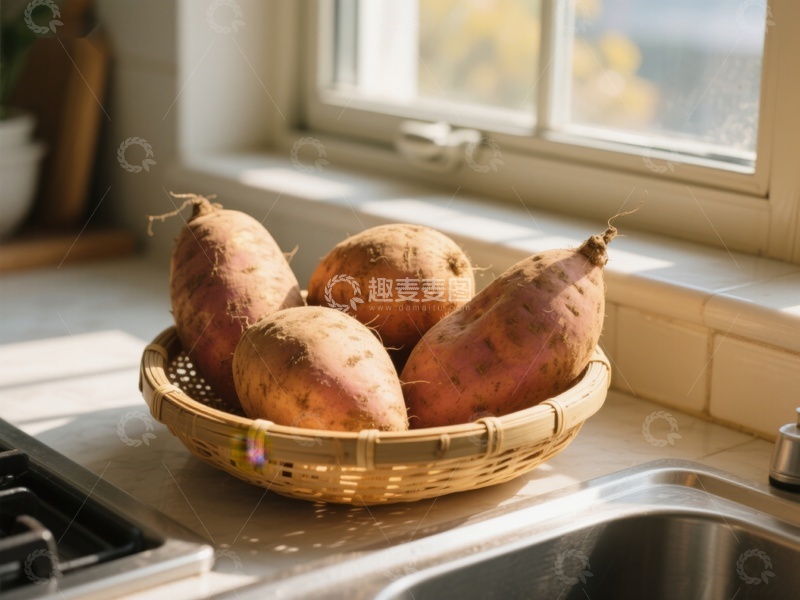 高清大图下载【趣麦麦图】窗边竹篮中的红薯