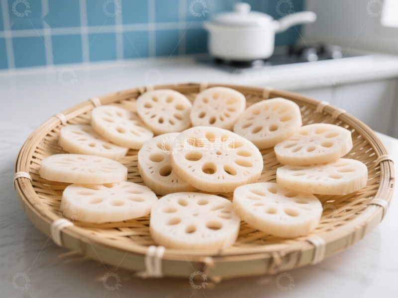 高清大图下载【趣麦麦图】莲藕切片置于竹筛上