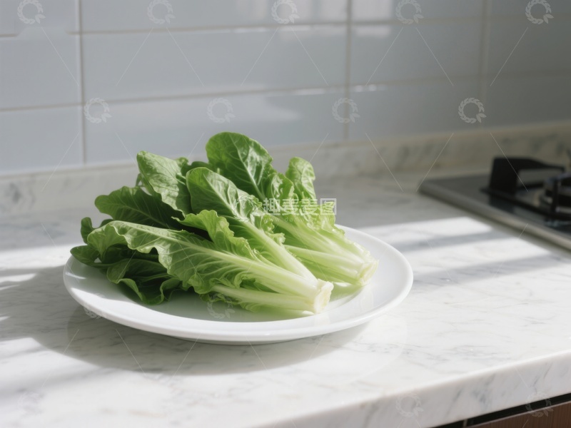 高清大图下载【趣麦麦图】新鲜生菜置于厨房台面