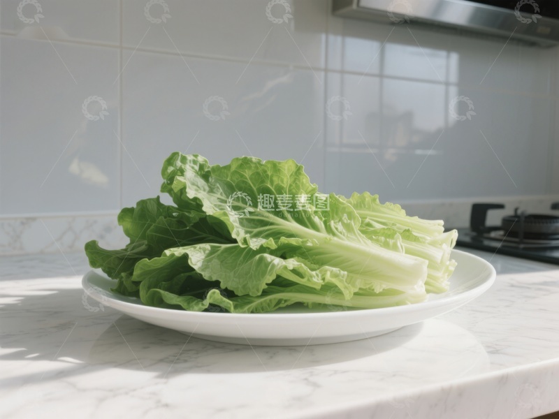高清大图下载【趣麦麦图】新鲜生菜置于厨房台面