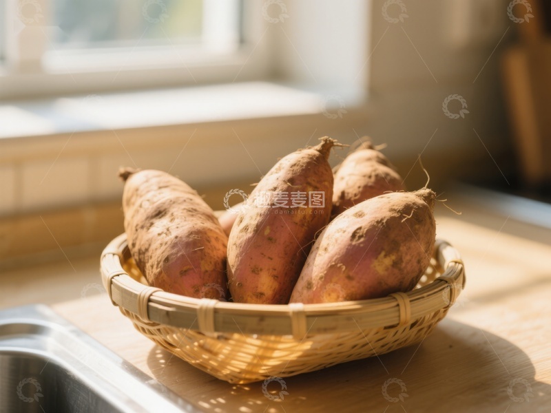 高清大图下载【趣麦麦图】竹篮中的红薯静置窗边