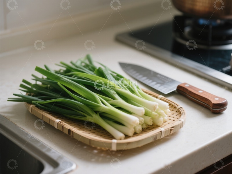 高清大图下载【趣麦麦图】厨房台面上的葱与刀具