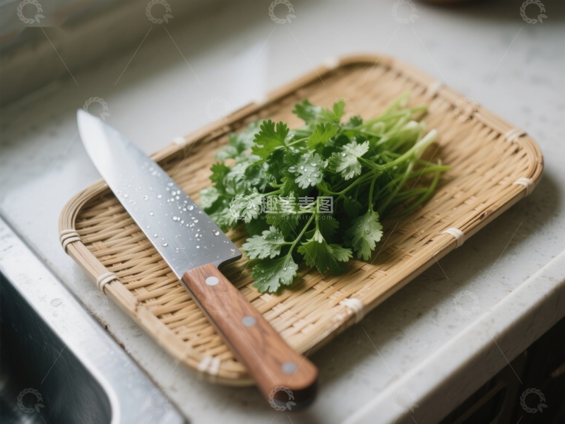高清大图下载【趣麦麦图】砧板上的香菜与刀具